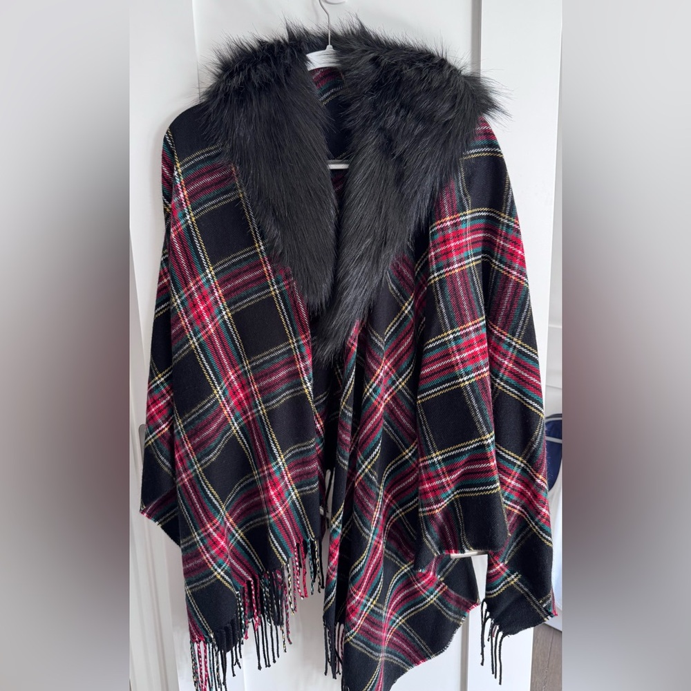 J. Crew Red and Black Plaid Cape with Faux Fur